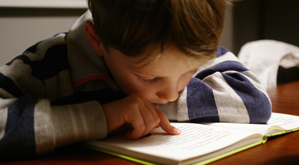 boy in gray and red hoodie reading book